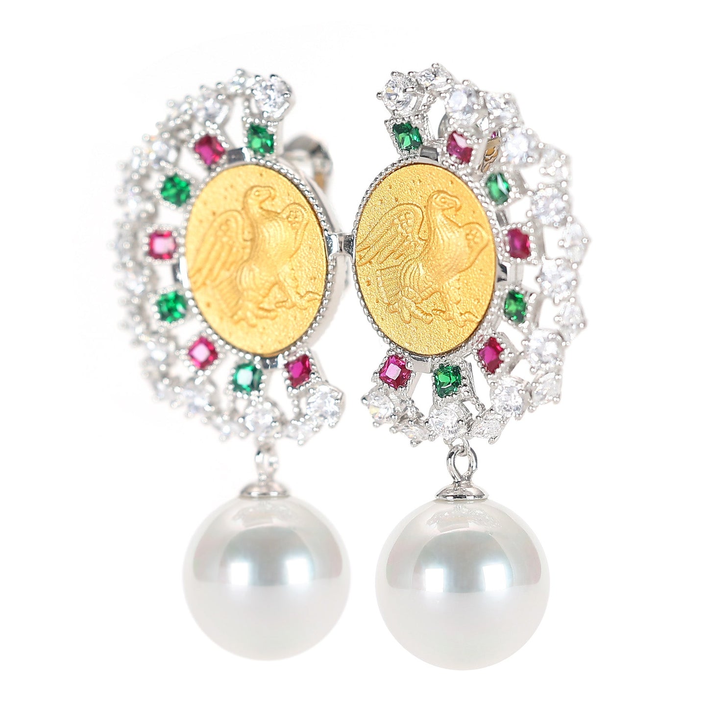 Micro-setting ancient coin Lab created stones White shell pearl LIBERAL EAGLE earrings, sterling silver.