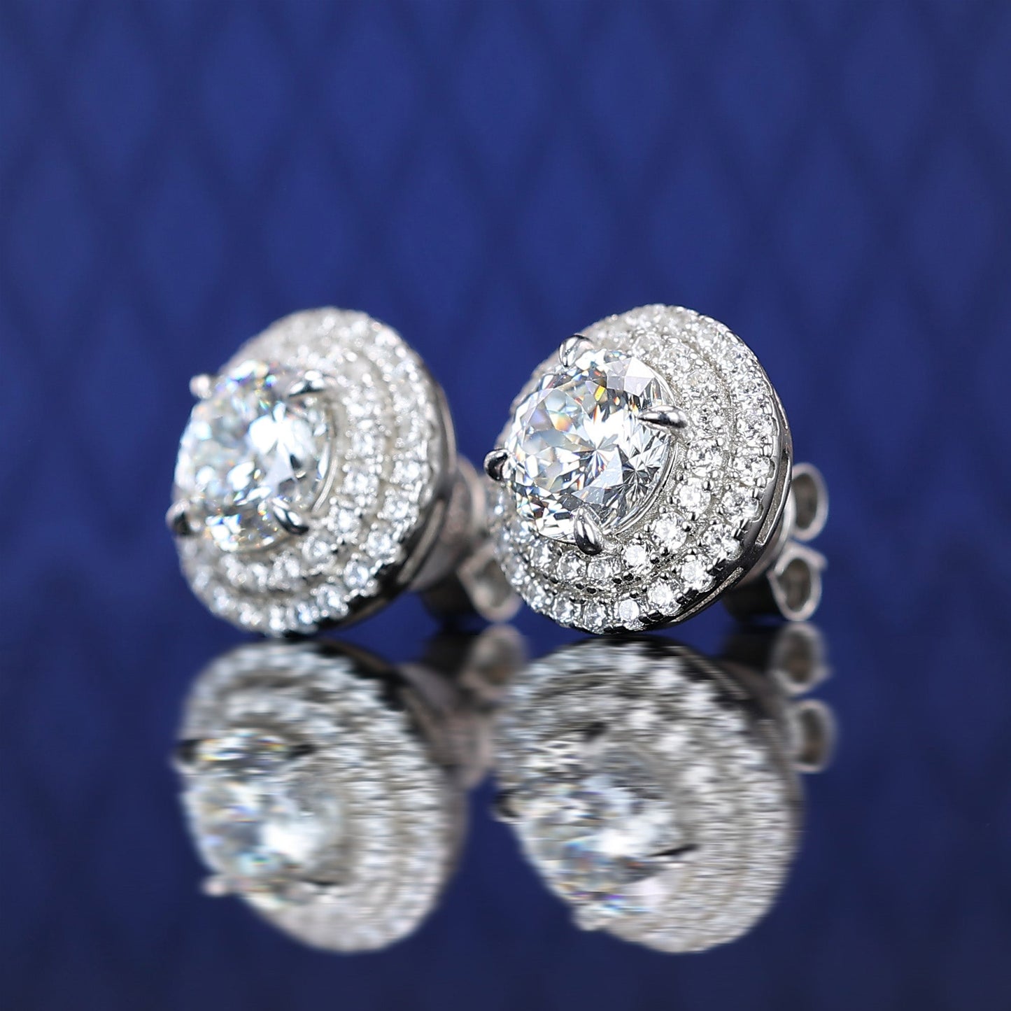 Micro-setting Firework-cut Lab created stones round shape fully studded ear studs, sterling silver (3 carat each)