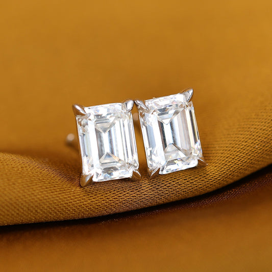 Micro-setting Rectangular emerald-cut Lab created stones ear studs, sterling silver