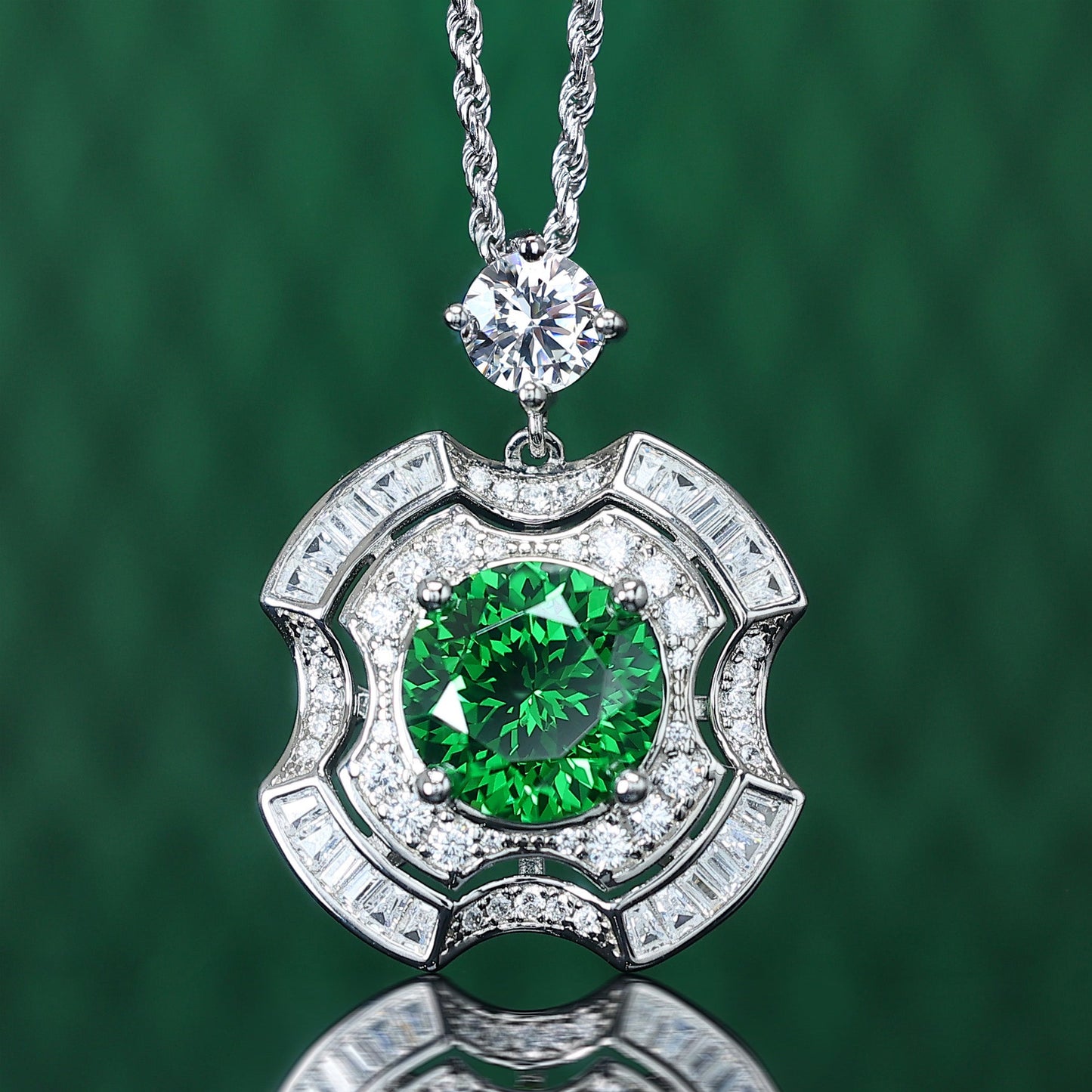 Micro-setting Green diamond color lab created stones Treasure come from all directions necklace, sterling silver