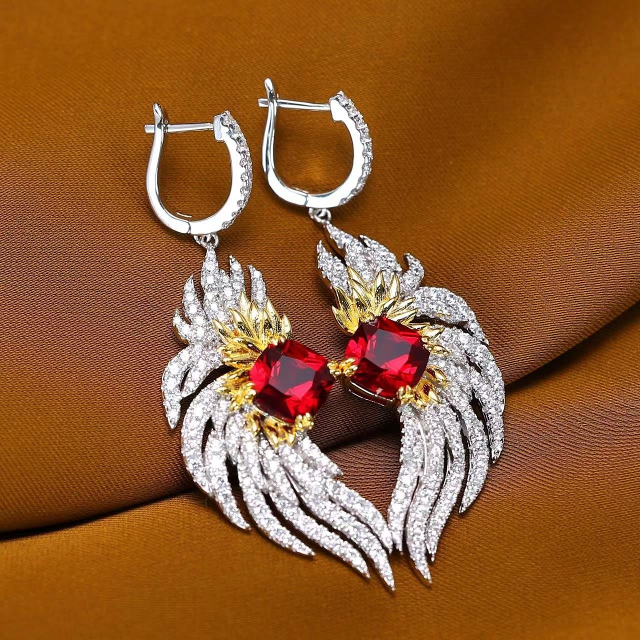 Micro-setting Ruby color Lab created stones red-crowned crane earrings, sterling silver