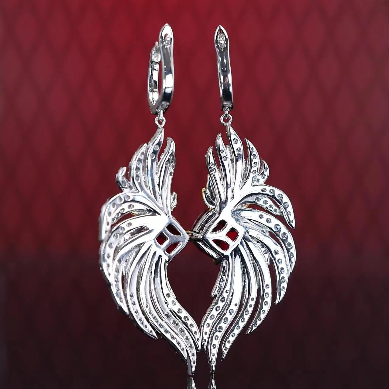 Micro-setting Ruby color Lab created stones red-crowned crane earrings, sterling silver