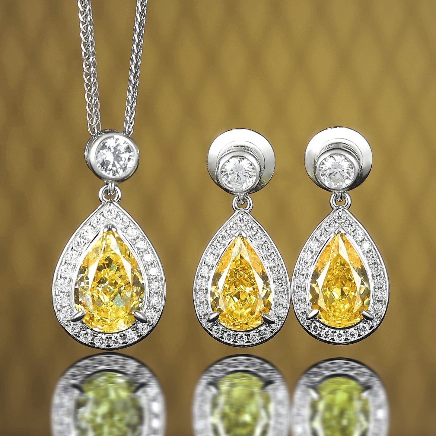 Promotional design Micro-setting Yellow diamond color Lab created stones waterdrop necklace, sterling silver