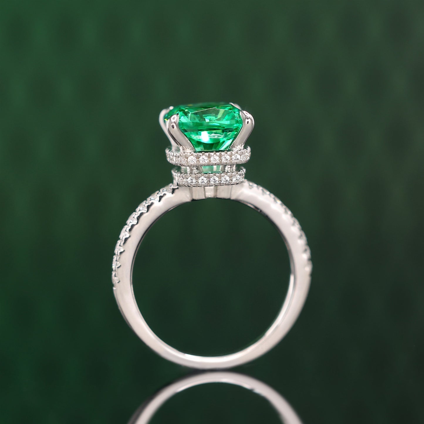 Promotional design Micro-setting Apple Green color Lab created stones 4 prong ring