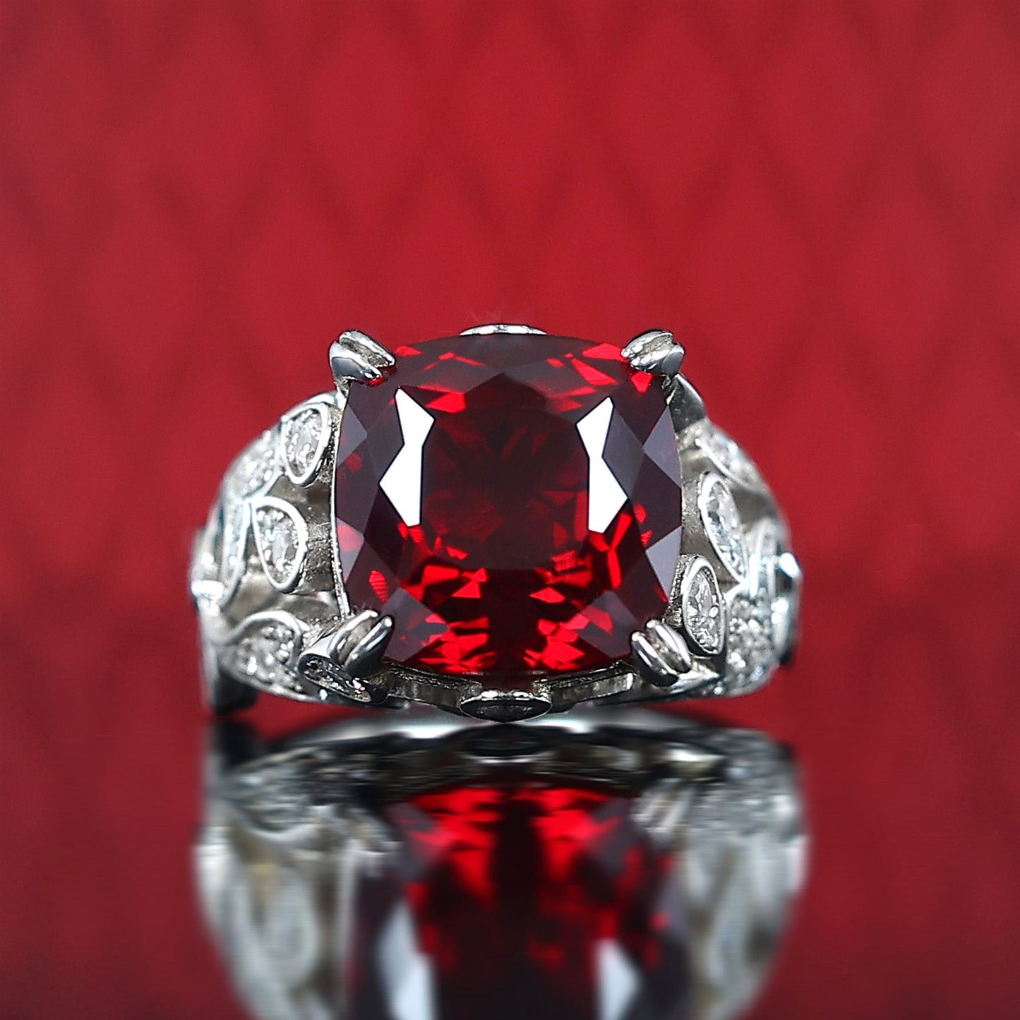 Micro-setting Ruby color Square shape Lab created stones Birds paying homage to the phoenix ring, sterling silver.  (9.55 carat)