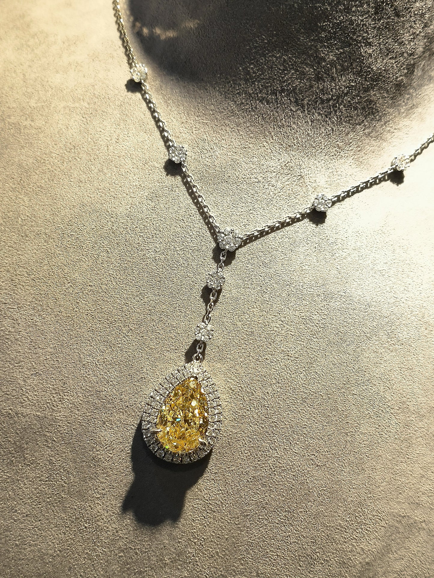 Micro-setting Yellow diamond color Lab created stones detailed waterdrop Sweater chain necklace, sterling silver