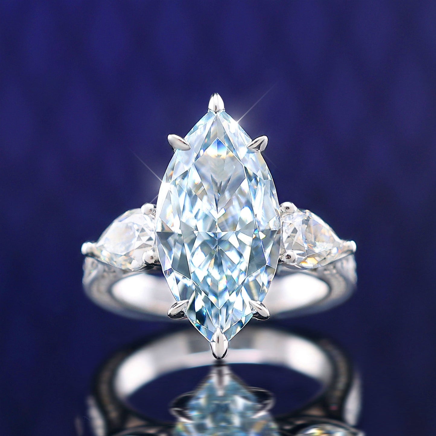 Micro-setting Intense blue diamond color Lab created stones marquise ring, sterling silver