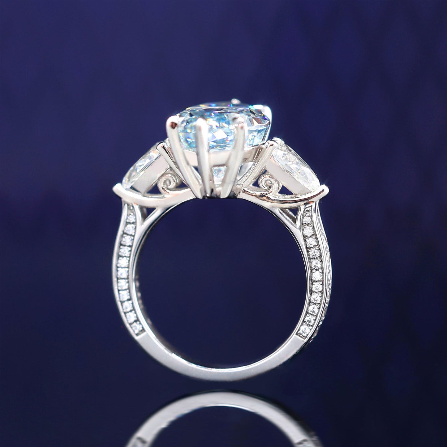 Micro-setting Intense blue diamond color Lab created stones marquise ring, sterling silver