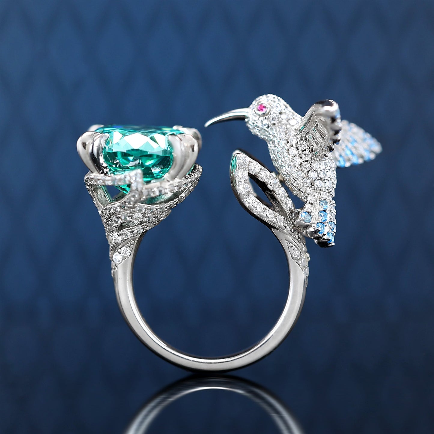 Micro-setting Paraiba color Lab created stones detailed hummingbird ring, sterling silver