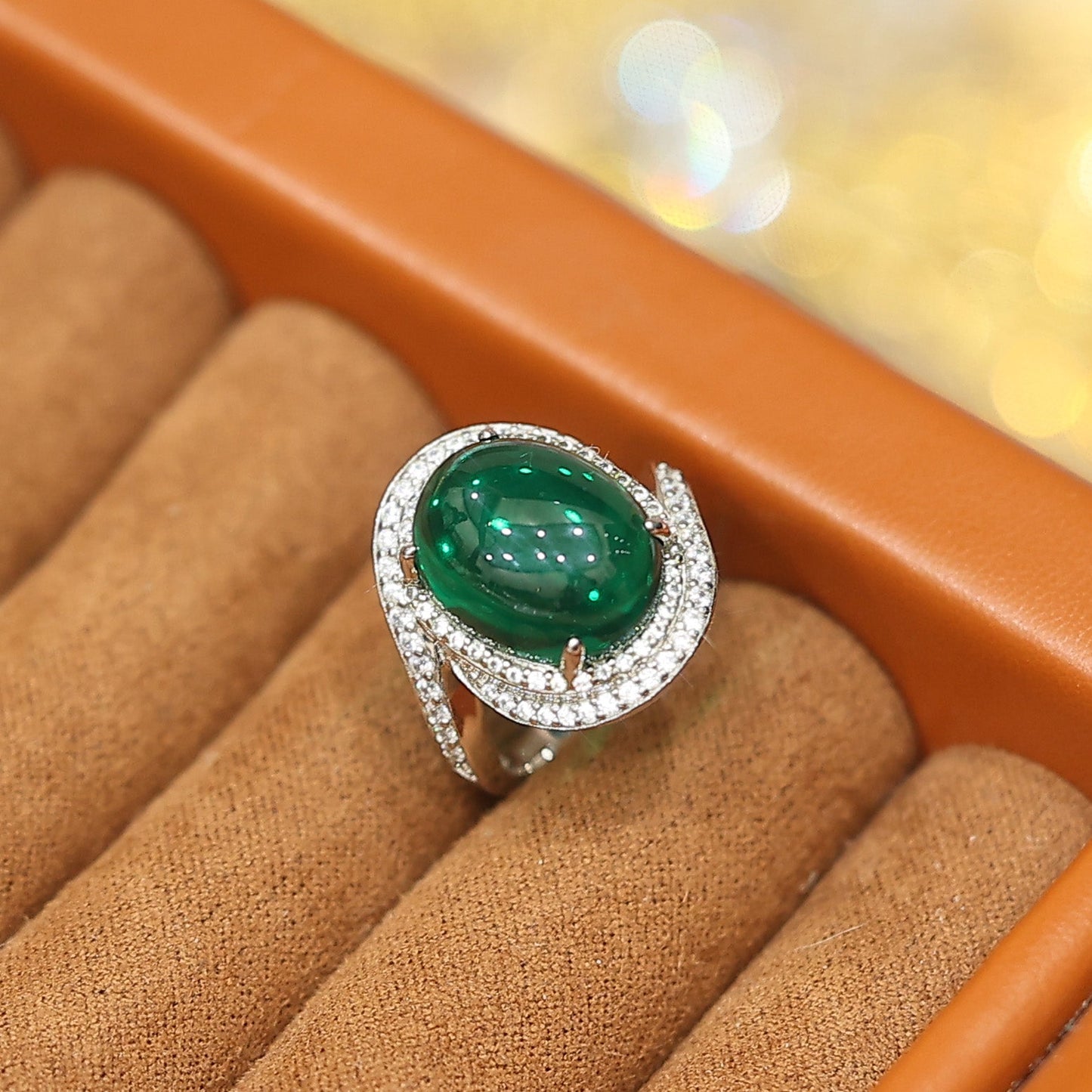 Special offer Only 1 piece Micro-setting emerald color lab created stones cabochon ring, sterling silver