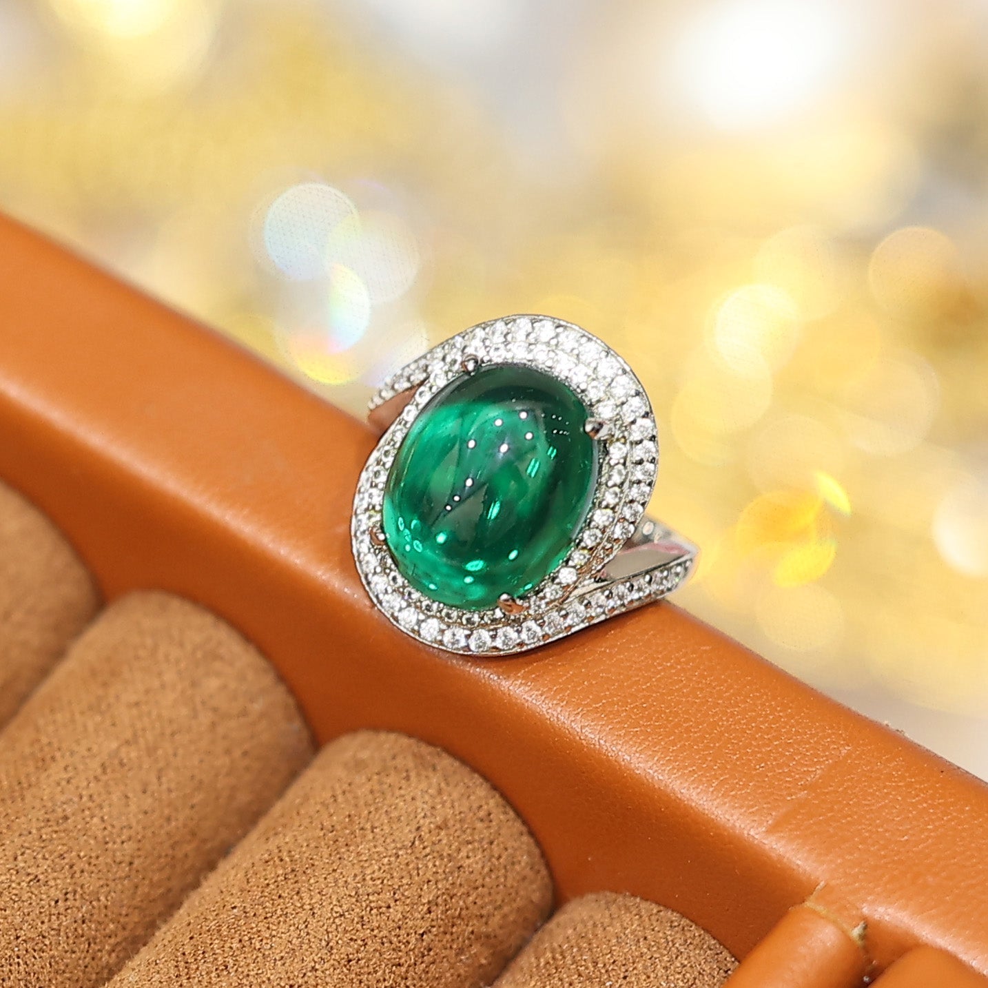 Special offer Only 1 piece Micro-setting emerald color lab created stones cabochon ring, sterling silver