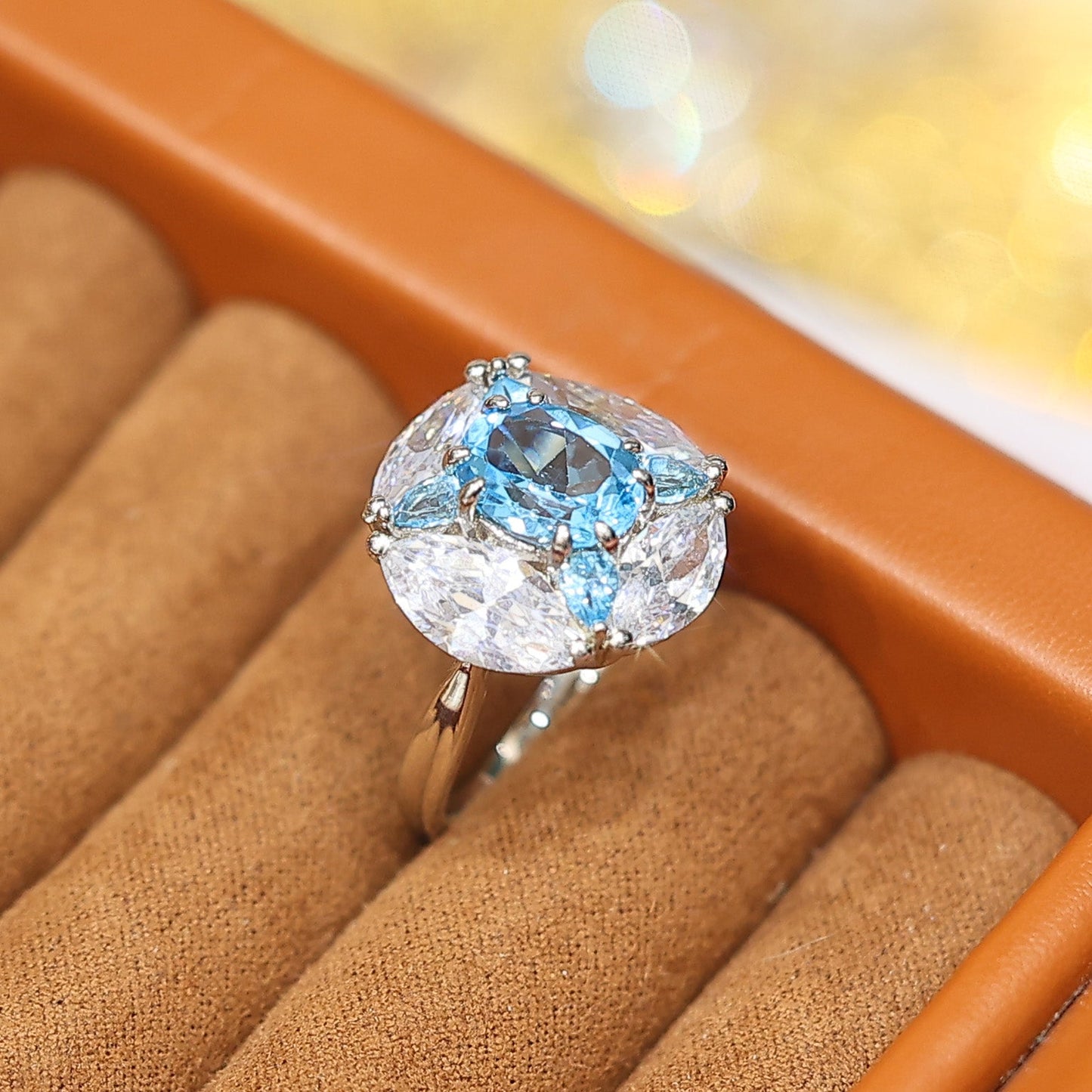 Special offer Only 1 piece Micro-setting Aquamarine color lab created stones ring, sterling silver. Size：adjustable