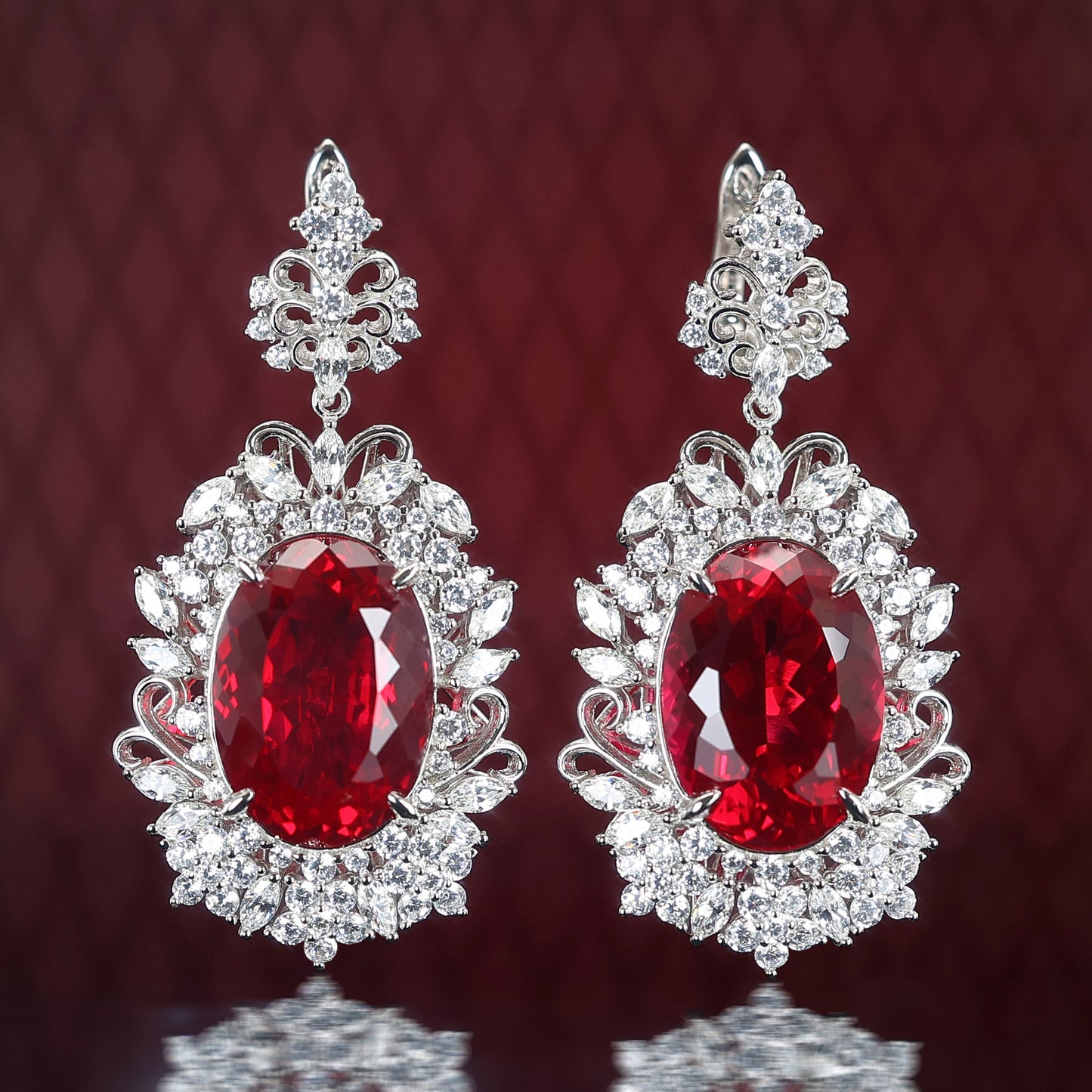 Micro-setting Ruby color Lab created stones Oval shape detailed lace earrings, sterling silver.