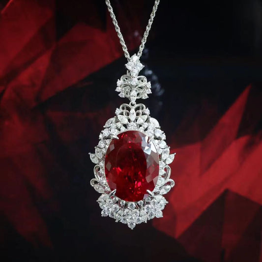 Micro-setting Ruby color Lab created stones Oval shape detailed lace necklace, sterling silver.