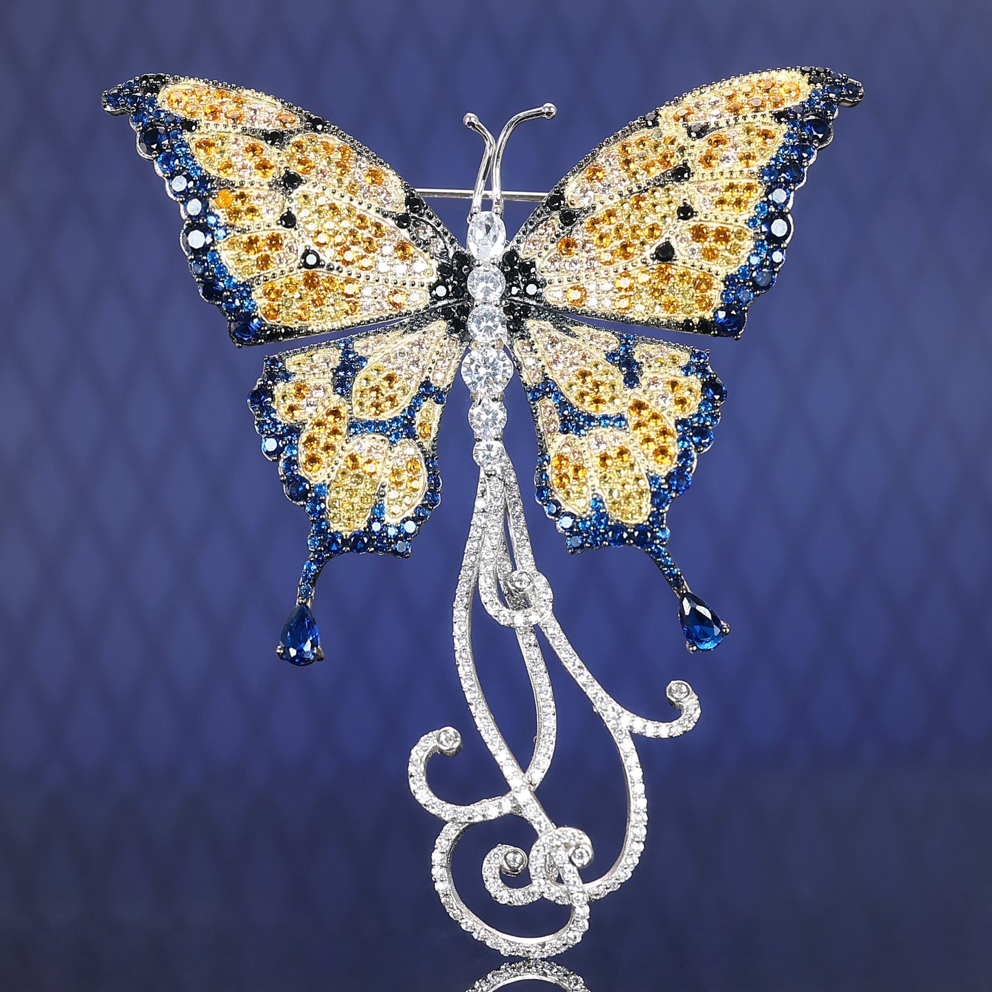 Only 1 Micro-setting mixed diamond colors Lab created stones butterfly brooch, sterling silver