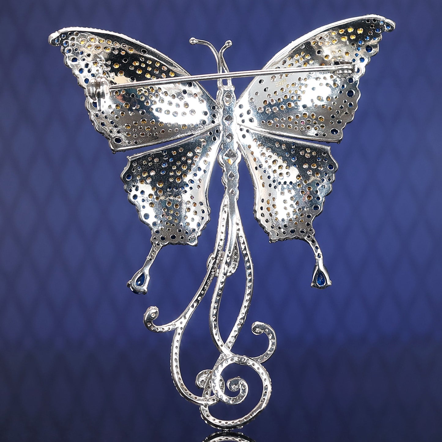 Only 1 Micro-setting mixed diamond colors Lab created stones butterfly brooch, sterling silver