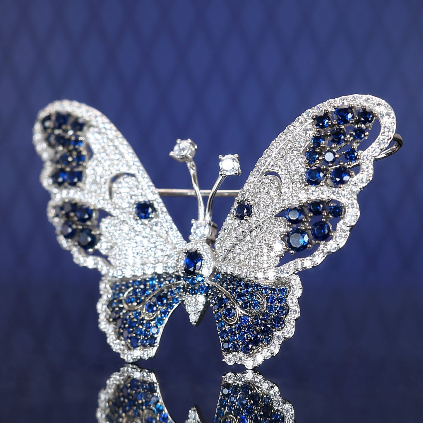 Only 1 multi-purpose Micro-setting diamond and sapphire color Lab created stones butterfly brooch and pendant, sterling silver. Customized piece.