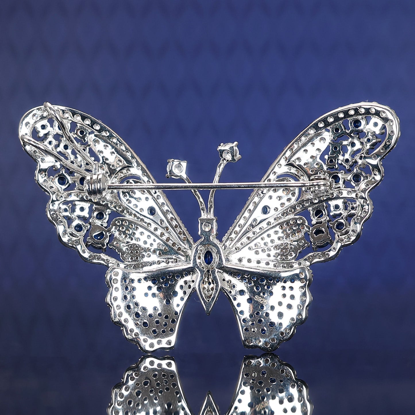 Only 1 multi-purpose Micro-setting diamond and sapphire color Lab created stones butterfly brooch and pendant, sterling silver. Customized piece.