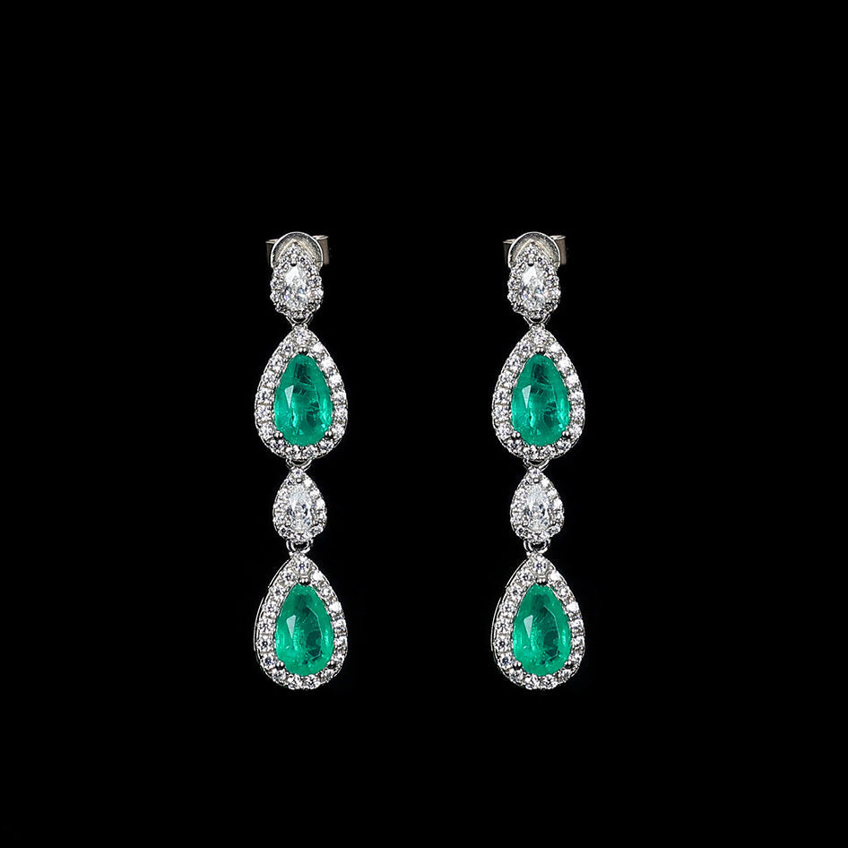 Limited edition Micro-setting Emerald color Lab created stones fully studded waterdrop earrings, sterling silver