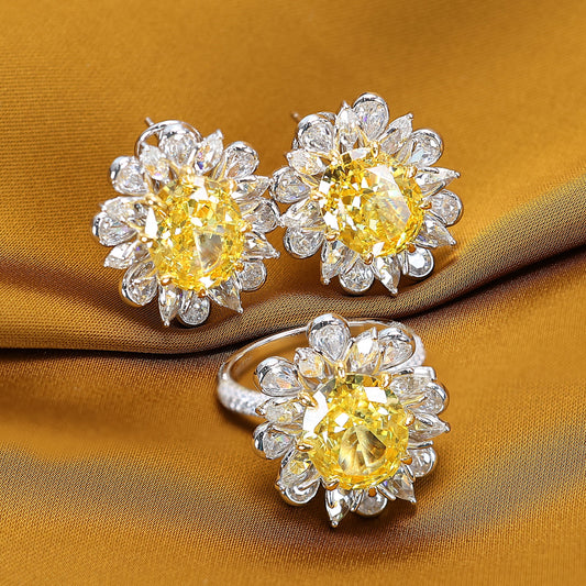 Micro-setting Oval vivid yellow diamond color Lab created stones fancy Sunflower set. ring and earrings, sterling silver