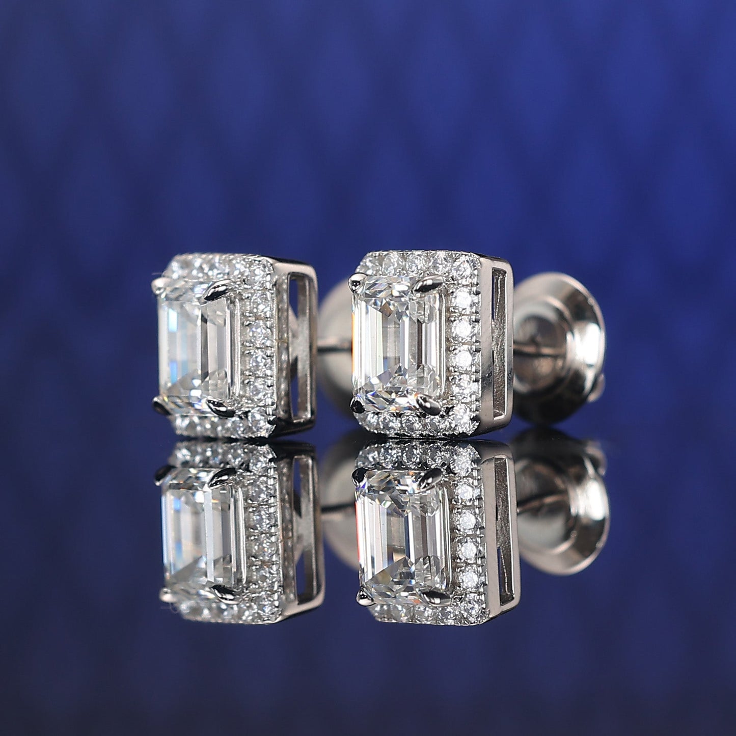 Micro-setting emerald-cut Lab created stones rectangular shape ear studs, sterling silver.(4.4 carat)