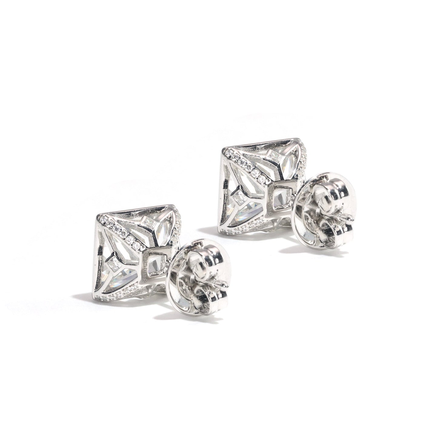 Micro-setting Clear diamond color Princess-cut Lab created stones detailed ear studs, sterling silver