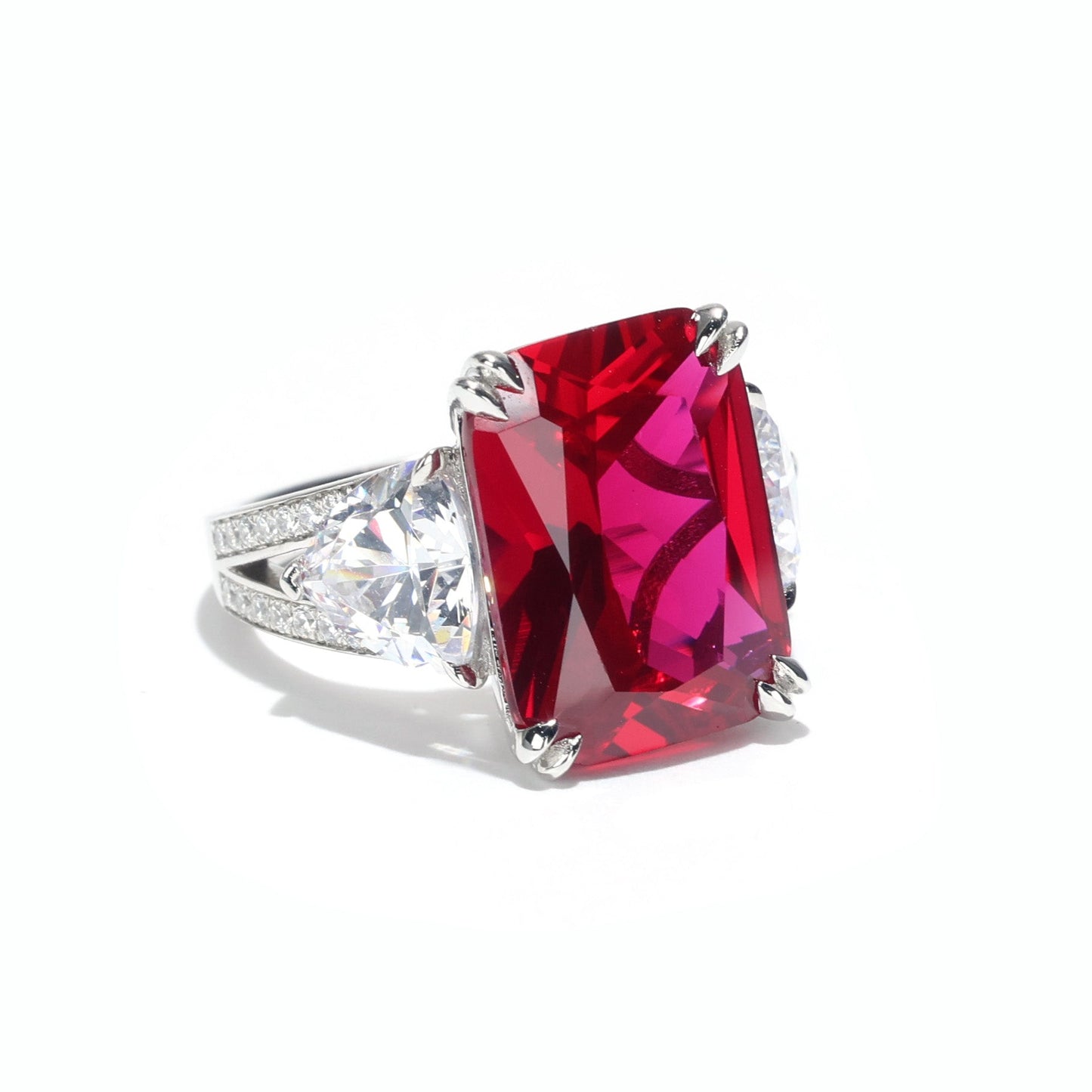 Limited edition Only 1 piece Micro-setting Ruby color Lab created stones 3 stones ring, sterling silver