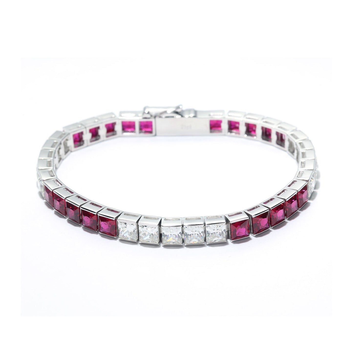 Micro-setting Ruby and clear diamond color Lab created stones invisible tennis bracelet, sterling silver