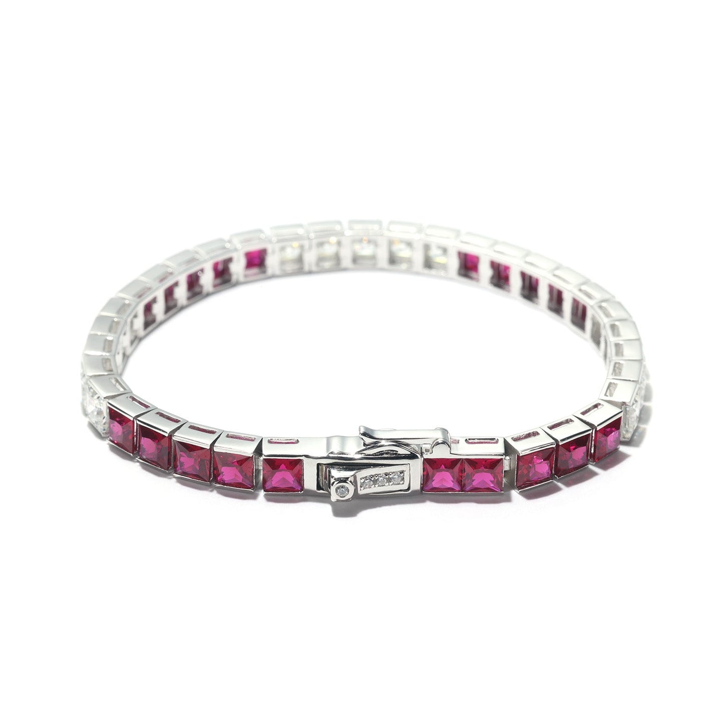 Micro-setting Ruby and clear diamond color Lab created stones invisible tennis bracelet, sterling silver