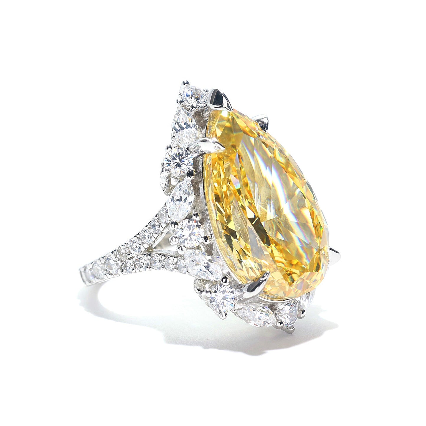 Micro-setting Yellow diamond color icy-cut lab created stones detailed teardrop ring, sterling silver. (20 carat)