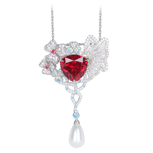 Micro-setting Ruby color Lab created stones Butterfly dance multi-purpose pendant and brooch, sterling silver