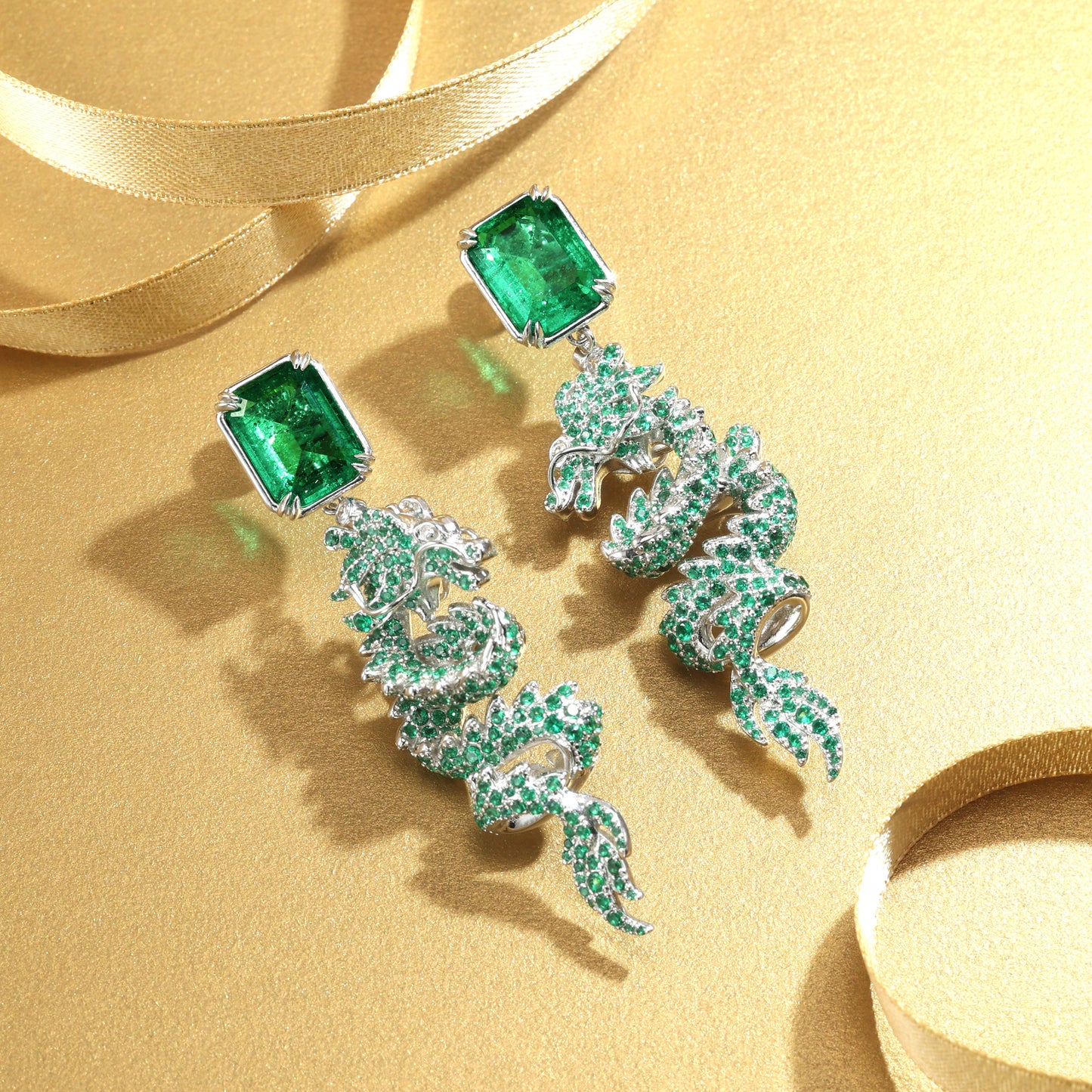 Customized only 1 pair Micro-setting Emerald color Lab created stones artistic detailed dragon earrings, sterling silver