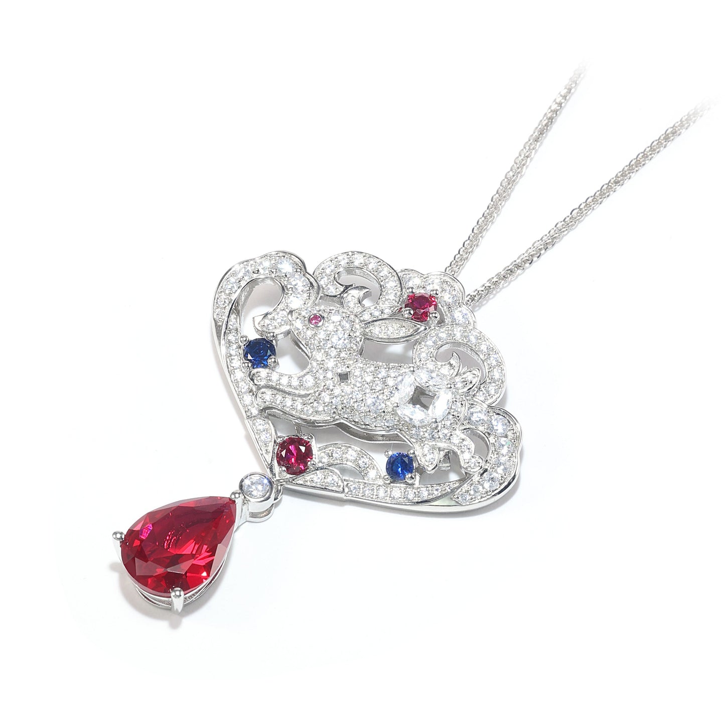 Customized only 1 piece Micro-setting Ruby color Lab created stones The running rabbit pendant, sterling silver