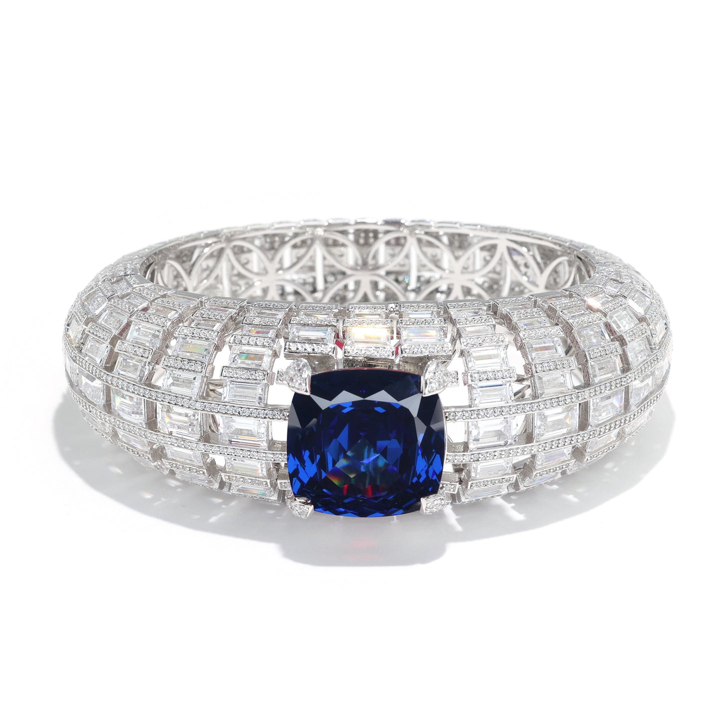 Micro-setting Tanzanite color Lab created stones Art deco bangle, sterling silver