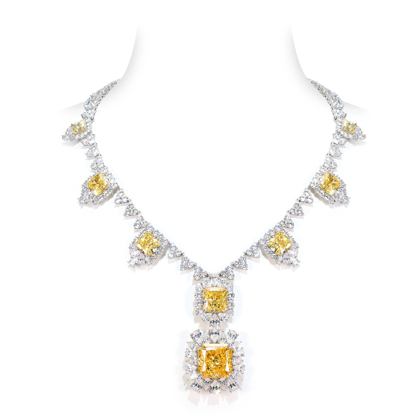 Micro-setting Yellow diamond color Lab created stones artistic fancy necklace, sterling silver