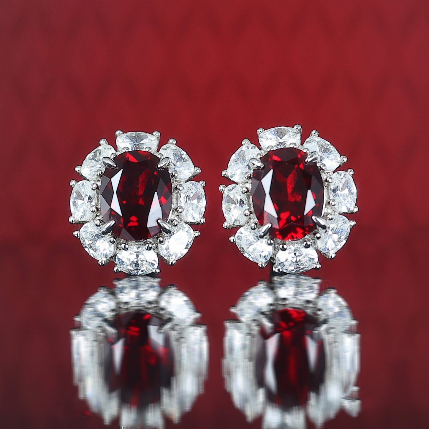 Promotional design Micro-setting Ruby color Lab created stones Diana earstuds, sterling silver. (9.3carat in total)