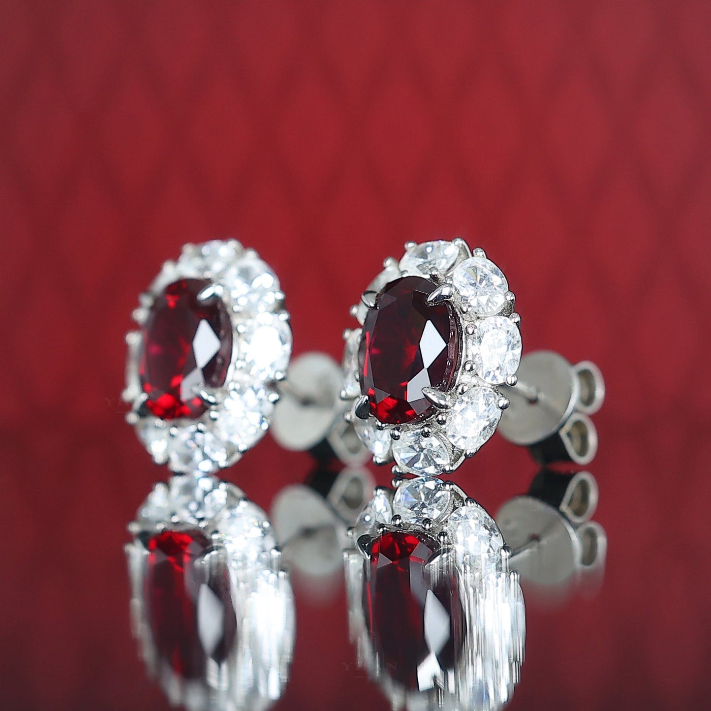 Promotional design Micro-setting Ruby color Lab created stones Diana earstuds, sterling silver. (9.3carat in total)