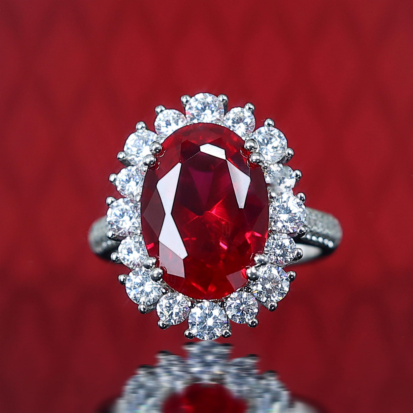 Promotional design Micro-setting Ruby color Lab created stones Classic Diana ring, sterling silver. (6 carat)