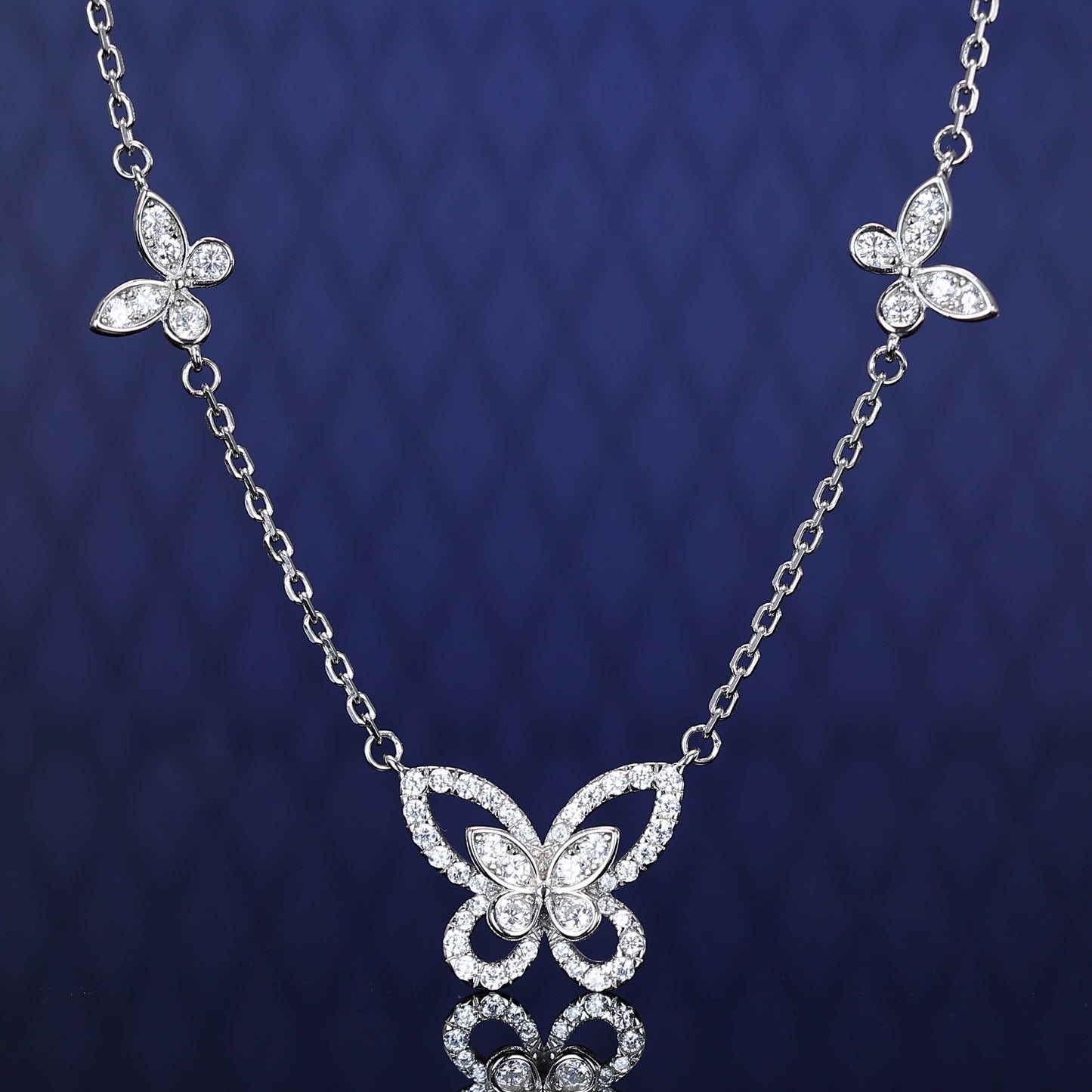 Micro-setting Lab created stones 5 butterflies hollowed-out necklace, sterling silver