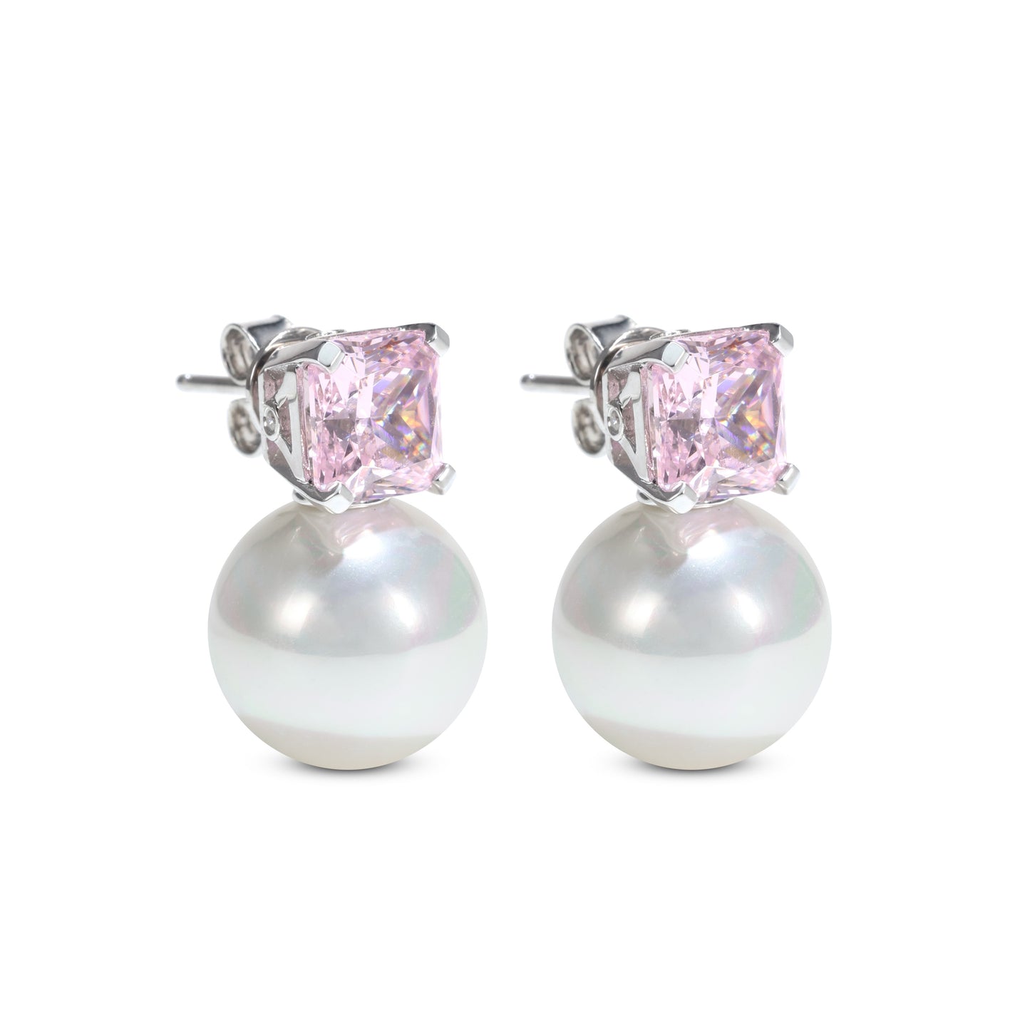 Micro-setting Pink diamond color Lab created stones White shell Pearl earrings, sterling silver