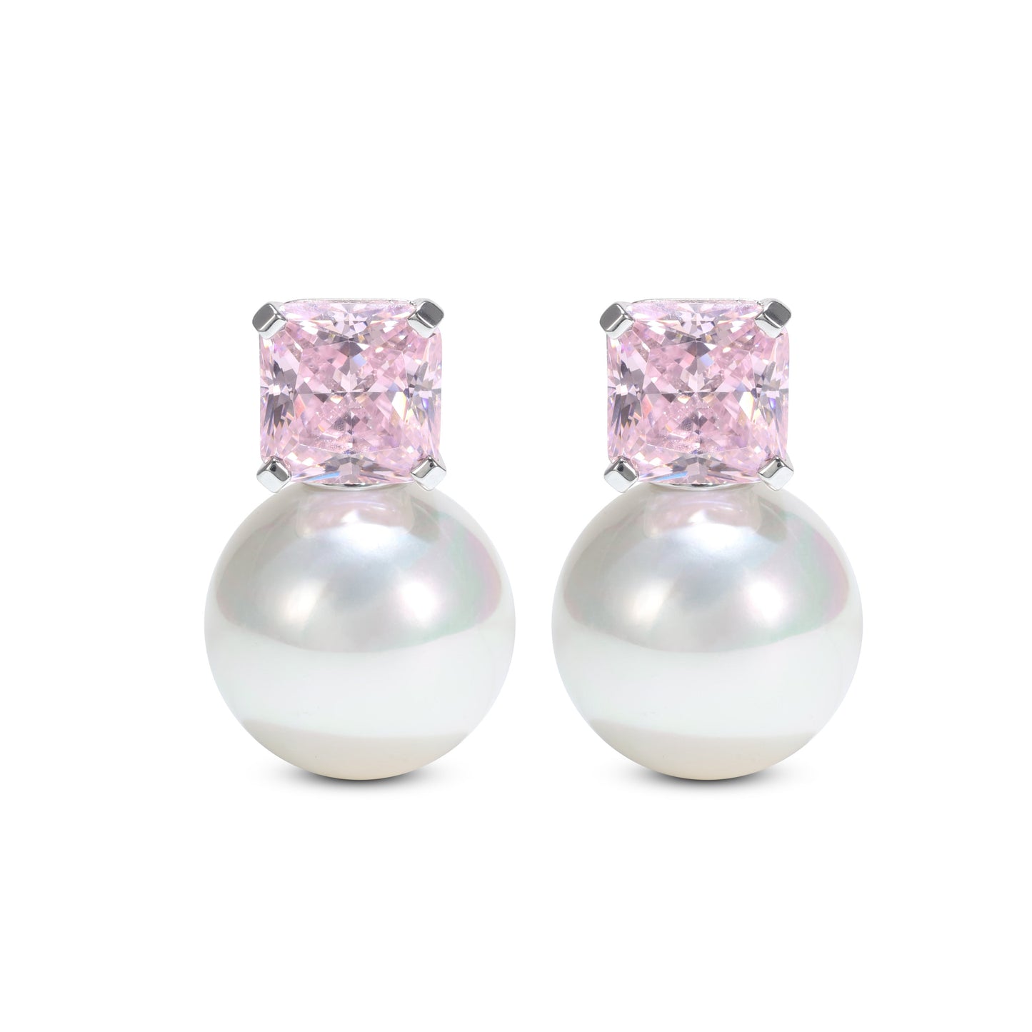 Micro-setting Pink diamond color Lab created stones White shell Pearl earrings, sterling silver