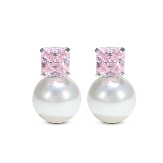 Micro-setting Pink diamond color Lab created stones White shell Pearl earrings, sterling silver