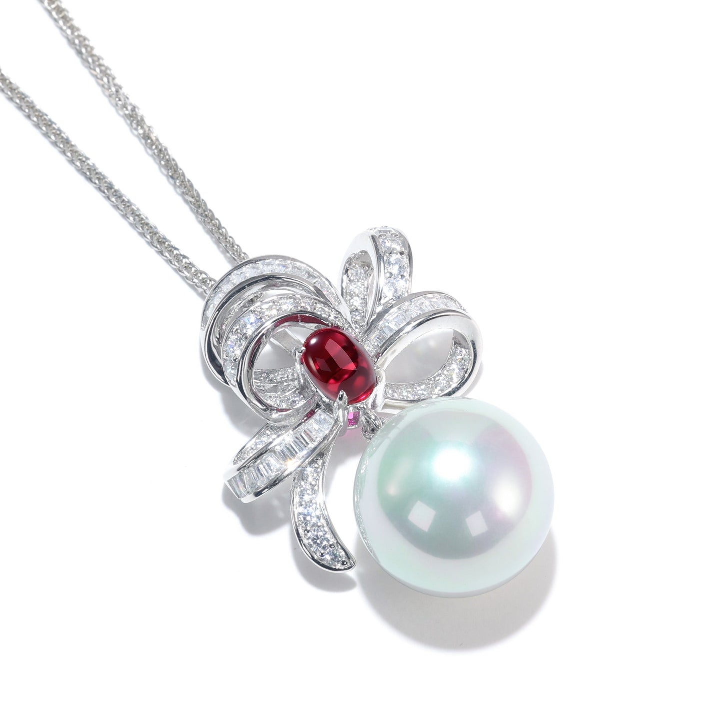 Promotional design Micro-setting Ruby color mixed cutting Lab created stones artistic White Shell Pearl necklace, sterling silver