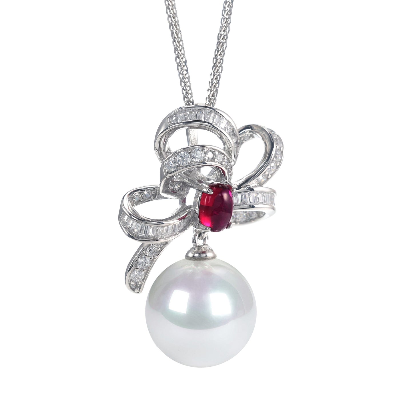 Promotional design Micro-setting Ruby color mixed cutting Lab created stones artistic White Shell Pearl necklace, sterling silver