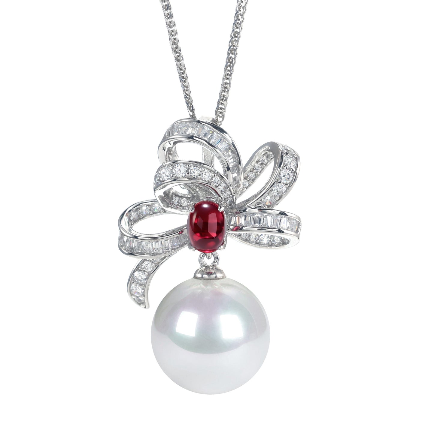 Promotional design Micro-setting Ruby color mixed cutting Lab created stones artistic White Shell Pearl necklace, sterling silver