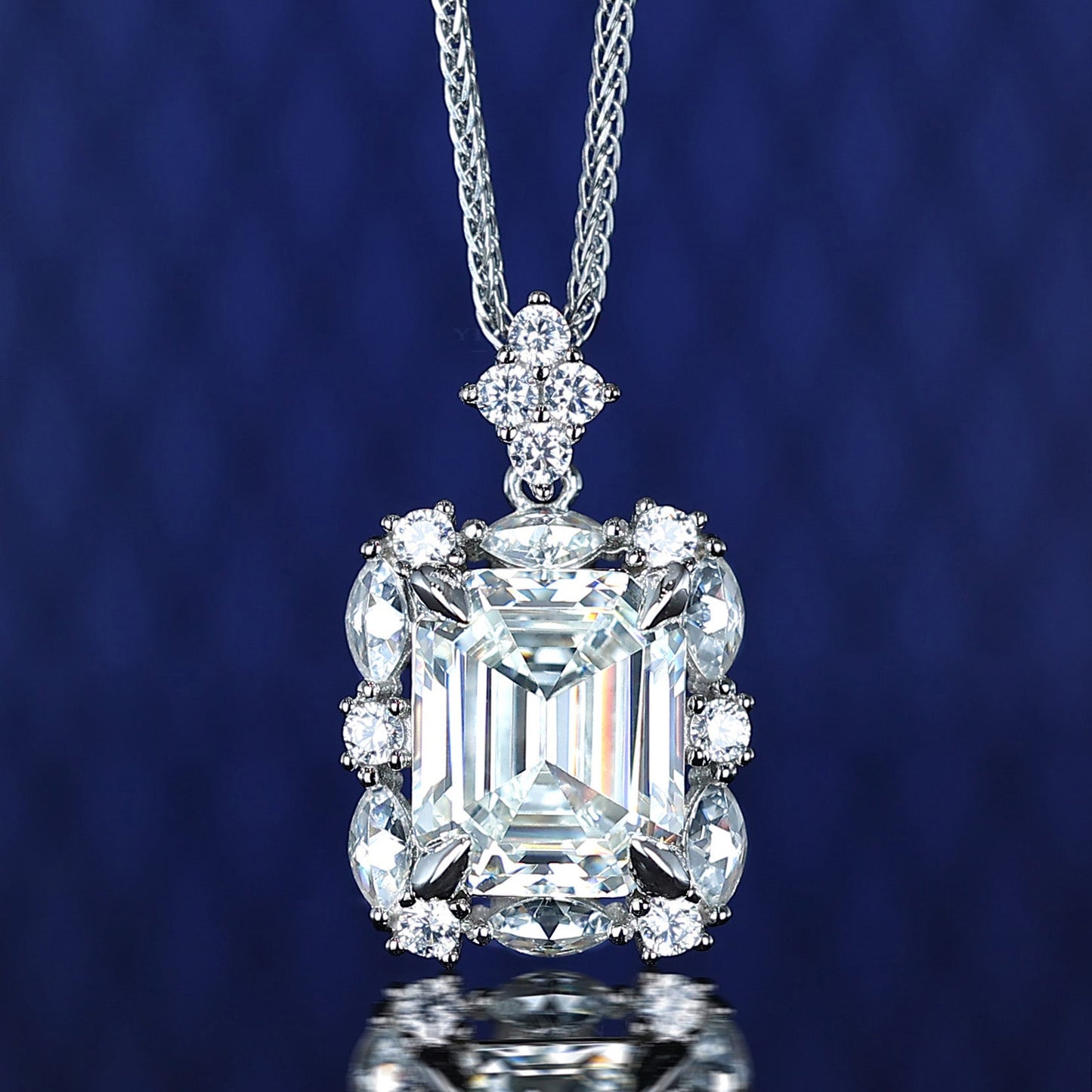 Micro-setting Emerald-cut Lab created stones detailed necklace, sterling silver. (11.5 carat)