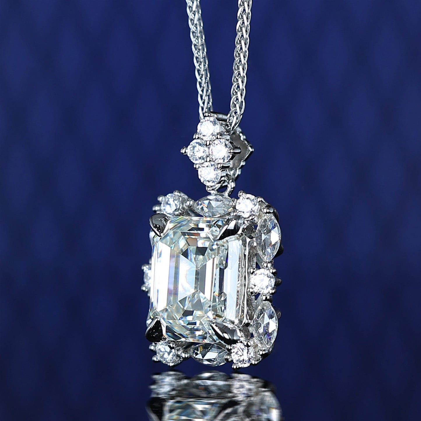 Micro-setting Emerald-cut Lab created stones detailed necklace, sterling silver. (11.5 carat)