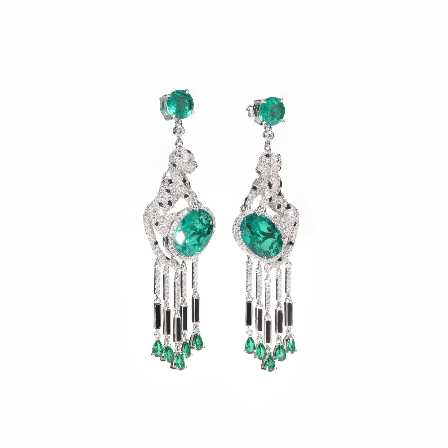 Jaguar selection, featuring stunning artificial emerald and black enamel tassel earrings. sterling silver