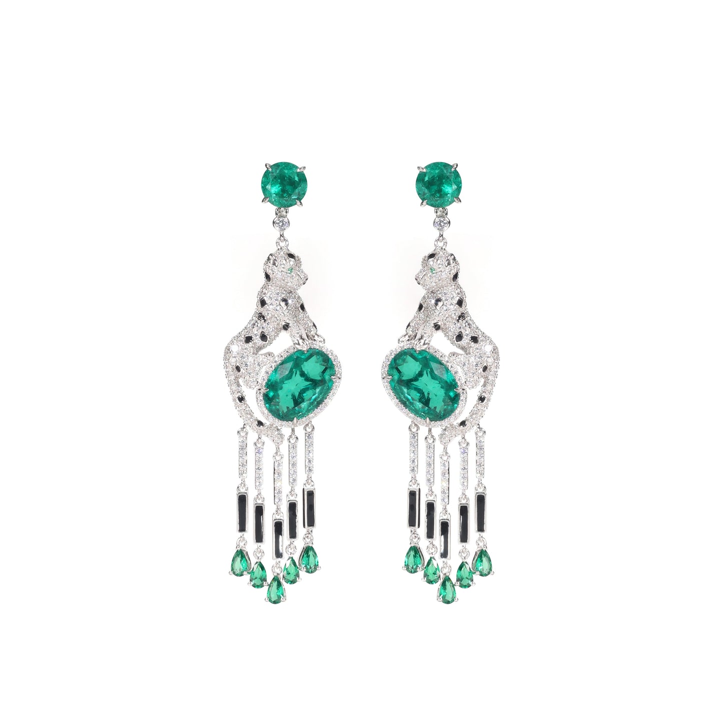 Jaguar selection, featuring stunning artificial emerald and black enamel tassel earrings. sterling silver