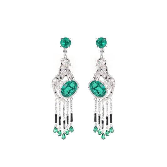 Jaguar selection, featuring stunning artificial emerald and black enamel tassel earrings. sterling silver